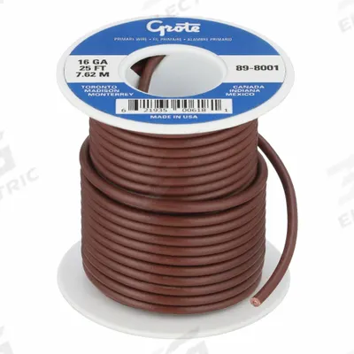 GROTE Primary Automotive Wire: GPT, 25 ft, 1 Conductor, 16 AWG, Brown - PVC-Insulated General Purpose Primary Wires