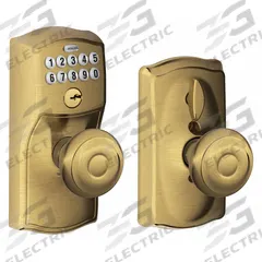 SCHLAGE RESIDENTIAL Keypad Knob: Brass (MPN FE595 CAM609GEO). Key specifications — Product Type: Keypad Knob; Manufacturer Part Number: FE595 CAM609GEO; Key Override Options: None.
