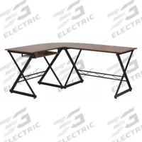 FLASH FURNITURE Office Desk: Laminate, Wood Grain, 0 Pedestals, 0 Drawers, 87 in Overall Wd (MPN NAN-WK-109-GG). Key specifications — Desktop Material: Laminate; Includes Modesty Panel: No; Kit Product Type: L-Shaped Office Desk; Desktop Color: Wood Grain; Brand: FLASH FURNITURE; Frame Color: Black; Frame Material: Metal; Product Type: L-Shaped Office Desk.
