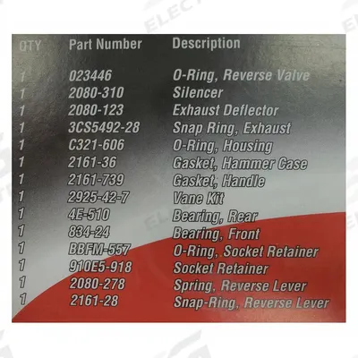 INGERSOLL RAND Tune Up Kit: Mfr Part # 2190-TK1, Tune Up Kit - Air Tool Replacement Parts