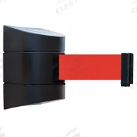 TENSABARRIER Retractable Belt Barrier: Fixed Mounting Plate, 15 ft Belt Lg, Pattern, Red, No Legend (MPN 897-15-S-33-NO-R5X-C). Key specifications — Frame Color: Black; Brand: TENSABARRIER; Belt Color: Red.