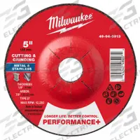 MILWAUKEE Cut-Off & Grinding Wheel: Type 27, 5" x 1/8" x 7/8", Zirconia Alumina, 24 Grit (MPN 49-94-0913). Key specifications — Brand: MILWAUKEE.