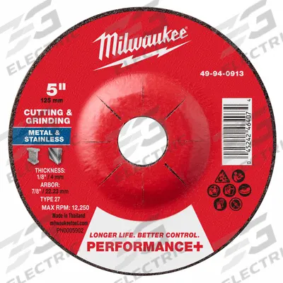 MILWAUKEE Cut-Off & Grinding Wheel: Type 27, 5" x 1/8" x 7/8", Zirconia Alumina - High-Performance Combination Wheels for Carbon & Stainless Steel