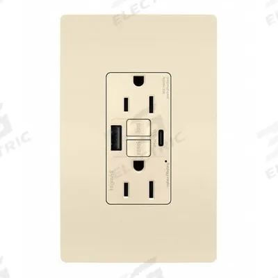 LEGRAND Receptacle: 5-15R, Light Almond, 125V AC, 15 A - Weather-Resistant Receptacles with USB Chargers