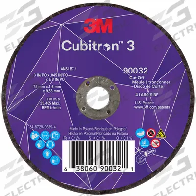 3M CUBITRON 3 Abrasive Cut-Off Wheel: Type 1, 3" x 0.045" x 3/8", Ceramic - Cool-Cutting Cut-Off Wheels for Carbon & Stainless Steel