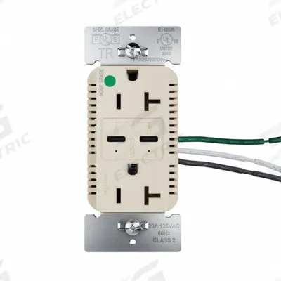 LEGRAND Receptacle: Duplex, 5-20R, 2 USB Ports, USB Type C, Ivory, 125V AC - Hospital-Grade Receptacles with USB Chargers