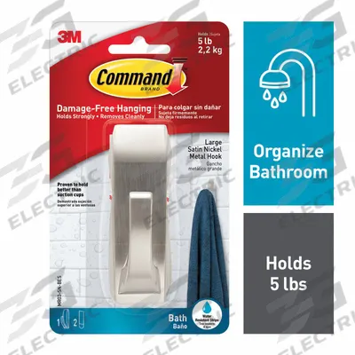 COMMAND Hook: 5 lb Wt Capacity, 1 Points per Hook, Nickel, 3 31/32 in Overall Ht - Bath & Wet Location Adhesive-Backed Hooks