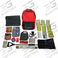 READY AMERICA Survival Kit: 41 Components, Backpack, 2 People Served (MPN 70410). Key specifications — Rations Included: 2400 Calorie Food Bar (5 Year Shelf Life); First Aid Supplies Included: (2) Survival Blanket; Housing Material: Fabric; Container Type: Backpack; Hygiene Supplies Included: Pocket Tissue Pack; PPE and Shelter Supplies Included: Bio-Hazard Bag; Power and Lighting Supplies Included: Emergency Power Station: Flashlight/AM-FM Radio/Siren/Phone Charger; Tools Included: Multi-Tool.