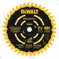 DEWALT Circular Saw Blade: 7 1/4 in Blade Dia., 40 Teeth, 0.06 in Cut Wd, 5/8 in Arbor Size, Carbide (MPN DW7114PT). Key specifications — attr1116119: DEWALT; attr1145631: Wood.