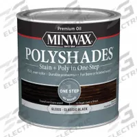 MINWAX Wood Stain: Wood Stain and Sealer, Interior, Oil, 0.5 pt Container Size, Wood, Gloss, 1 Step (MPN 214954444). Key specifications — Brand: MINWAX; Transparency: Semi-Transparent; Use Location: Interior; Sheen: Gloss; Sub-Brand: PolyShades; Color: Classic Black.