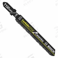 BOSCH Jigsaw Blade: 3 1/4 in Blade Lg, Carbide Grit, Carbide, Rigid for Straight Cuts Cutting Edge (MPN T130RF1). Key specifications — attr1097716: Solid Stock; attr1097715: Carbide Grit; attr1097721: Carbide; attr1097728: BOSCH.