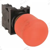 EATON Emergency Stop Push Button: Non-Illuminated, Mushroom Head Profile, Non-Metallic, 22 mm, 1NC (MPN M22-PV-K01). Key specifications — Brand: EATON; Action: Maintained; Series: M22; Push Button Material Type: Non-Metallic.