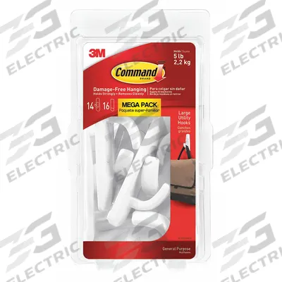 COMMAND Hook Set: 5 lb Wt Capacity, 1 Points per Hook, White, 3 7/8 in Overall Ht - Adhesive-Backed Utility Hooks