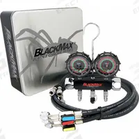 BLACKMAX Manifold Gauge Set: 2 Valves, 3 Hoses, 3 1/8 in Gauge, For R-134A/R-22/R-404A/R-410A (MPN MBH4P5EZ). Key specifications — Hose Connection Type: SAE; Product Type: Manifold Gauge Set; For Refrigerant Type: R-134A; Brand: BLACKMAX; Includes: Carrying Case; Gauge Boots: Yes; Sight Glass: No.