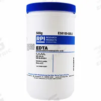 RPI EDTA (Ethylenediaminetetraacetic Acid): 500 g Volume, ACS, BSE/TSE Free, Powder, Plastic (MPN E58100-500.0). Key specifications — Form: Powder; Special Information: BSE/TSE Free; Brand: RPI; Chemical Grade: ACS; Container Material: Plastic.