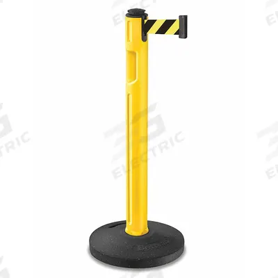 LAVI Barrier Post with Belt: Black/Yellow, Diagonal Stripe, No Legend, 12 ft Belt Lg - Pattern Retractable Belt Post Barriers