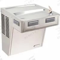 ELKAY Drinking Fountain: On-Wall, 20 5/8 in Ht, Front Pushbar/Side Pushbar, 8 gph @ 50°F, Silver (MPN EMABF8S). Key specifications — Housing Color: Silver; Brand: ELKAY; Housing Material: Stainless Steel; Housing Finish: Plain; Chilling Capacity: 8 gph @ 50°F.