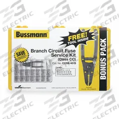 BUSSMANN Fuse Kit: Includes Series FNQ-R/KTK-R/LP-CC, CC Fuses, 0.5 A – 30 A Range (MPN CCSK-45). Key specifications — Fuse Series Included: KTK-R; Tool Included: Fuse Tester/Puller; Brand: BUSSMANN; Tools Included: Wire Strippers.