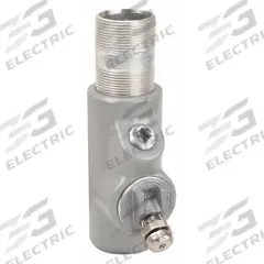 Sealing Fitting - Vertical: Aluminum, 1 1/2 in Trade Size, Male to Female, 5 1/2 in Overall Lg (MPN EYDM-150AL). Key specifications — Brand: APPLETON ELECTRIC; Finish: Powder Coated; Connection Type: Threaded; Thread Gender: Male to Female; Ends - Hazardous Fittings: 1-1/2 in FNPT x 1-1/2 in MNPT; Material: Aluminum; Hazardous Location Rating: Class III; Thread Type: NPT.