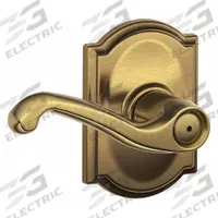 SCHLAGE RESIDENTIAL Door Lockset: Privacy Lever Locksets, Brass, ADA Compliant (MPN F40 FLA 609 CAM). Key specifications — Ligature Resistance: Not Ligature-Resistant; Brand: SCHLAGE RESIDENTIAL; Lockset Function ANSI Code: F76; Visual Indicator Message: No Message; Lockset Style: Camelot; ADA Compliant: Yes; Finish: Satin Brass, Blackened, Satin Relieved, Clear Coated : Brass.
