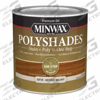MINWAX Wood Stain: Wood Stain and Sealer, Interior, Oil, 0.5 pt Container Size, Wood, Satin, 1 Step (MPN 213404444). Key specifications — Brand: MINWAX; Transparency: Semi-Transparent; Use Location: Interior; Sheen: Satin; Sub-Brand: PolyShades; Color: Antique Walnut.