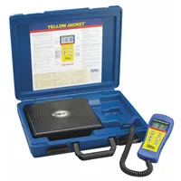 YELLOW JACKET Charging Scale: 110 lb Max, Wired Handset Display, 2 3/16 in H x 9 in W x 9 in L (MPN 68802). Key specifications — Includes: Carrying Case; Accuracy: ± 0.03 lb; Brand: YELLOW JACKET; Calibration Certificate Type: Not Certified; For Refrigerant Type: Universal; Product Type: Charging Scale; Programmable: No.
