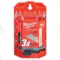 MILWAUKEE Utility Blade: 3 29/32 in Blade Lg, 3/4 in Blade Wd, 0.025 in Blade Thick, Steel, 50 PK (MPN 48-22-1950). Key specifications — attr307708: Most Standard Snap Off Utility Knives; attr307711: Steel; attr307707: Yes; attr324888: MILWAUKEE.