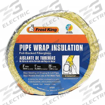FROST KING Pipe Insulation Wrap: Wrap, Fiberglass, 1 in Thick, 3 in W, 25 ft Lg - Fiberglass Pipe Wrap