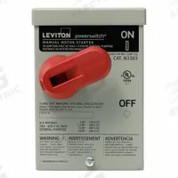 LEVITON Manual Motor Controller: 3 Poles, 30 A, 3R NEMA Rating, Painted Steel Enclosure (MPN N3303-DS). Key specifications — Brand: LEVITON; Maximum Voltage Rating: 600V AC; Mounting Style: Surface; Pilot Light: Not Included; Enclosure Material: Painted Steel.