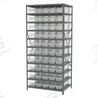 AKRO-MILS Bin Shelving: 36 in x 24 in x 79 in, 1 Sided, 50 Bins, Open, Shelf Bin, Clear, 11 Shelves (MPN AS2479094SC). Key specifications — Includes Bins: Yes; Bin Material: Polymer; Frame Color: Gray; Bin HxWxD: (50) 6 in x 6-5/8 in x 23-5/8 in; Frame Material: Steel; Bin Color: Clear; Bin Style: Shelf; Brand: AKRO-MILS.
