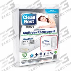CLEANREST Mattress/Box Spring Protector: Twin XL, 80 in Overall Lg, 39 in Overall Wd, White, 3.39 oz (MPN 845168001694). Key specifications — Brand: CLEANREST; Cover Material: Polyurethane; Mattress Pad Material: Polyester Blend; Fabric Weight/Thread Count: 3.39 oz; Compatible Bed Height: 15 in.