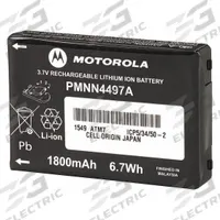 MOTOROLA Radio Battery: Fits Motorola, For CLS Series, 1,800 mAh, Lithium Ion, PMNN4497AR. Key specifications — attr921964: PMNN4497AR; attr921965: MOTOROLA; attr921966: Motorola; attr923104: Lithium Ion; attr923120: No; attr929364: CLS; attr929365: Handheld; attr921969: CLS1110.
