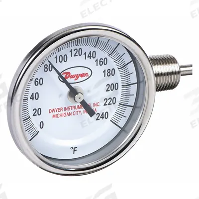 Dwyer Dial Thermometer: 0°F to 240°F, ±2%Full Scale Accuracy, 4 in Stem Lg - Side- & Bottom-Mount Fixed-Angle Thread-Mount Dial Thermometers