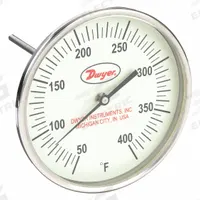 DWYER Glow-in-the-Dark Dial Thermometer: 50°F to 400°F, +/- 1% Accuracy, 5 in Dial Dia, Male (MPN GBTB540121). Key specifications — Accuracy: +/- 1%; Brand: DWYER.