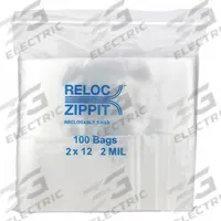 RELOC ZIPPIT Reclosable Bag: 2 mil Thick, 2 in Wd, 12 in Lg, Hang Hole Not Included, Box, 1,000 PK (MPN R212). Key specifications — With Hang Hole: Hang Hole Not Included; Brand: RELOC ZIPPIT; Package Configuration: Box.