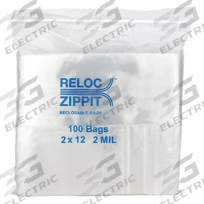 RELOC ZIPPIT Reclosable Bag: 2 mil Thick, 2 in Wd, 12 in Lg, Hang Hole Not Included - Single-Zip Reclosable Poly Bags