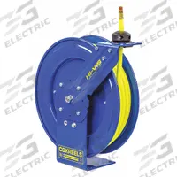 Spring Return Hose Reel: 100 ft (3/8 in I.D.), 3/8 in MNPT, 300 psi Max Op Pressure, Brass, Blue (MPN SH-N-3100-HV). Key specifications — Reel Color: Blue; Hose Capacity: 100 ft (3/8 in I.D.); Overall Dimensions: 24 in L x 8-1/4 in W x 21-1/4 in H; Swivel Material: Brass; Hose End Configuration: 3/8 in MNPT; Brand: COXREELS.