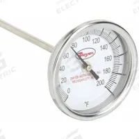 DWYER Long Reach Dial Thermometer: 0°F to 200°F, +/- 1% Accuracy, 3 in Dial Dia, 1/2 in Thread Size (MPN BTLRN372101). Key specifications — Accuracy: +/- 1%; Housing Material: Stainless Steel; Brand: DWYER.
