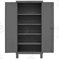 DURHAM MFG Storage Cabinet: 36 in x 24 in x 78 in, Swing Handle & Padlock Hasp, 12 ga Panel Thick (MPN HDC-243678-4S95). Key specifications — attr62698: Gray; attr62736: Welded; attr87895: Legs; attr62693: Assembled; attr62737: Stationary; attr62694: Adjustable; attr62695: Powder Coated; attr62696: Steel.