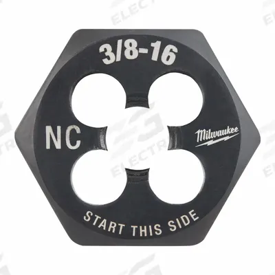 MILWAUKEE Hex Threading Die: 3/8"-16 UNC, 1 in Hex Wd, Black Oxide Carbon Steel (MPN 49-57-5348) - Solid Hex Rethreading Dies