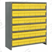 QUANTUM STORAGE SYSTEMS Enclosed Bin Shelving: 36 in x 18 in x 39 in, 1 Sided, 36 Bins, Closed (MPN CL1839-602YL). Key specifications — Includes Bins: Yes; Bin Material: Polystyrene; Frame Color: Gray; Bin HxWxD: (36) 4-5/8 in x 5-9/16 in x 17-5/8 in; Frame Material: Steel; Bin Color: Yellow; Bin Style: Drawer; Brand: QUANTUM STORAGE SYSTEMS.