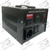 DAYTON Step Up/Step Down Voltage Converter: 1.5 kVA Power Rating, Single Phase, 50/60 Hz, 4 Outlets (MPN 16V987). Key specifications — Frequency: 50/60 Hz; Protective Device: None; Voltage Conversion: 110 to 220V AC; Brand: DAYTON; Phase: Single.
