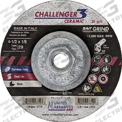 SAIT Abrasive Grinding Wheel: Type 29, 4 1/2" x 1/8" x 5/8"-11, Ceramic, 36 Grit (MPN 27810). Key specifications — Series: Challenger 3 Ceramic; Brand: UNITED ABRASIVES-SAIT.