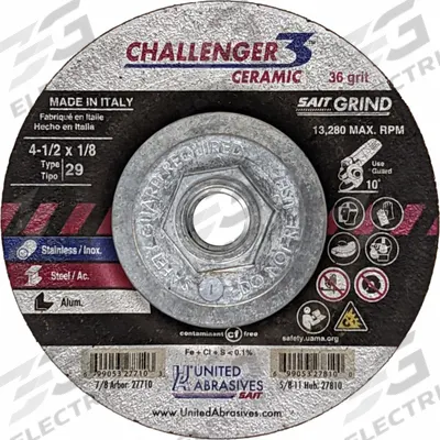 UNITED ABRASIVES-SAIT Abrasive Grinding Wheel: Type 29, 4 1/2" x 1/8" x 5/8"-11, Ceramic - Cool-Cutting Grinding Wheels for Carbon & Stainless Steel