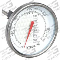TAYLOR Candy Thermometer: Candy/Deep Fry, Analog, 6 in Overall Lg, 2 in Dial Size, 1/4 in Dia (MPN 3505). Key specifications — Accuracy: ±5 °F; Brand: TAYLOR; Case Material: Stainless Steel; Display Type: Analog; Lens Material: Glass; NSF Certified: Yes; Thermometer Type: Stem Thermometer; Metal Detectable: Yes.