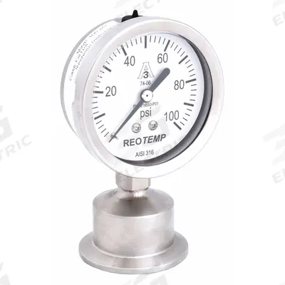 REOTEMP Pressure Gauge: 0 psi to 100 psi, 2 1/2 in Dial, 1 1/2 in Tri-Clamp, Bottom - Dial 3-A Certified Sanitary Pressure Gauges