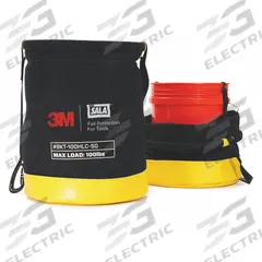 DBI-SALA Bucket: Hand Tools/Power Tools/Small Parts, Carabiner, Hook-and-Loop, 20 in Ht, Container (MPN 1500135). Key specifications — Color: Black; Tethering Component: Container; Tool End Connection: Carabiner; Tool Holder Type: Bucket; Sub-brand: Fall Protection for Tools and Objects; Closure Type: Hook-and-Loop; For Tool Type: Small Parts; Material: Canvas.