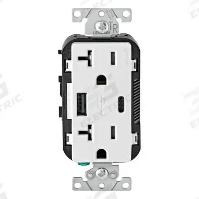LEVITON Receptacle: Duplex, 5-20R, USB Type A/C, White, 125V AC - Weather-Resistant Receptacles with USB Chargers
