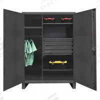 DURHAM MFG Storage Cabinet: 48 in x 24 in x 78 in, 4 Shelves, 4 Drawers, Swing Handle & Padlock Hasp (MPN HDWCP244878-4M95). Key specifications — attr113683: (1) 18 in x 19-5/16 in; (3) 27-1/16 in x 20-7/8 in; attr113700: (3) Adjustable; (1) Fixed; attr113673: Legs; attr113674: Gray; attr113688: (4) 3-3/8 in x 23-1/4 in x 14 in; attr113685: Assembled.