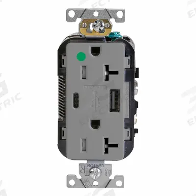 LEVITON Receptacle: Duplex, 5-20R, 1 USB Ports, USB Type A/C, Gray, 125V AC - Hospital-Grade Receptacles with USB Chargers